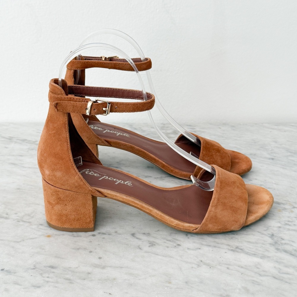 Boho Free People Marigold Suede Block Heel Sandals 38 Tan Ankle Strap Low Heel - Picture 4 of 6